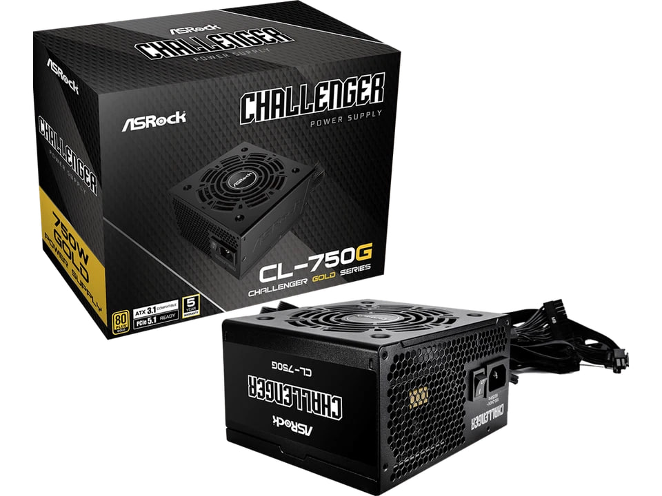 (New) ASRock Challenger CL-750G 750W 80+ Gold Non-Modular PSU - ATX 3.1 & Native PCIe 5.1, iCool Fan Control